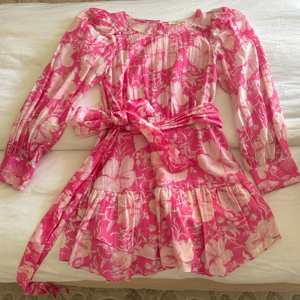 LoveShackFancy Pink Floral Teyana Sash-Waist Mini Dress Size 10